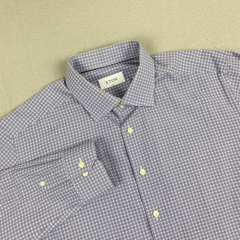 Eton Mens Dress poplin Shirt 18 46 Slim Long Sleeve Button Up pattern